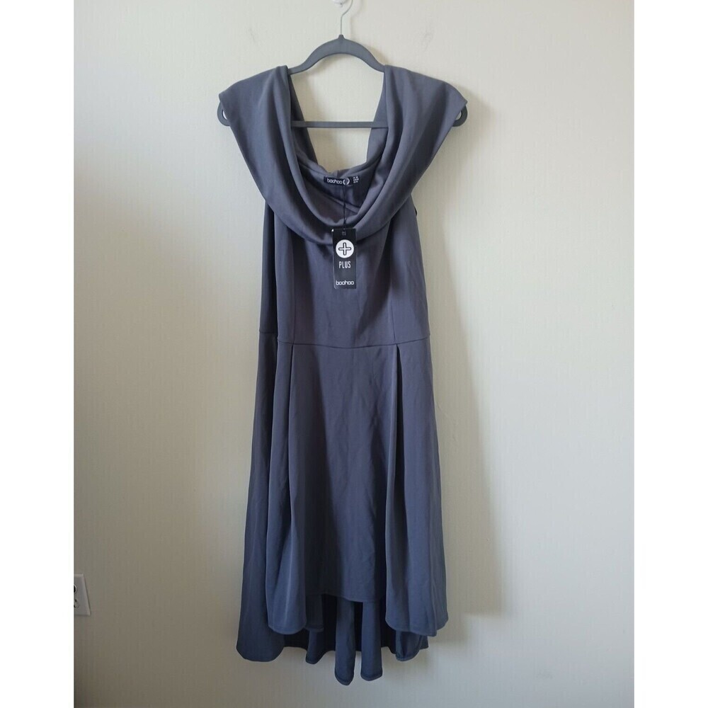 Boohoo Off Shoulder Midi Dress Womens 16 Gray Hi Low A Line NWT